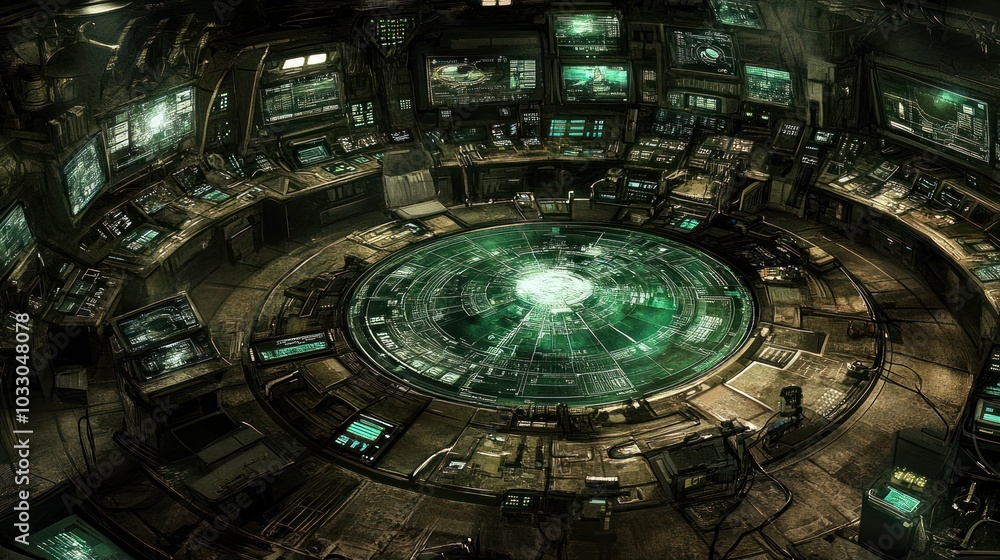 Obraz premium Futuristic Control Room with Green Interface Displays