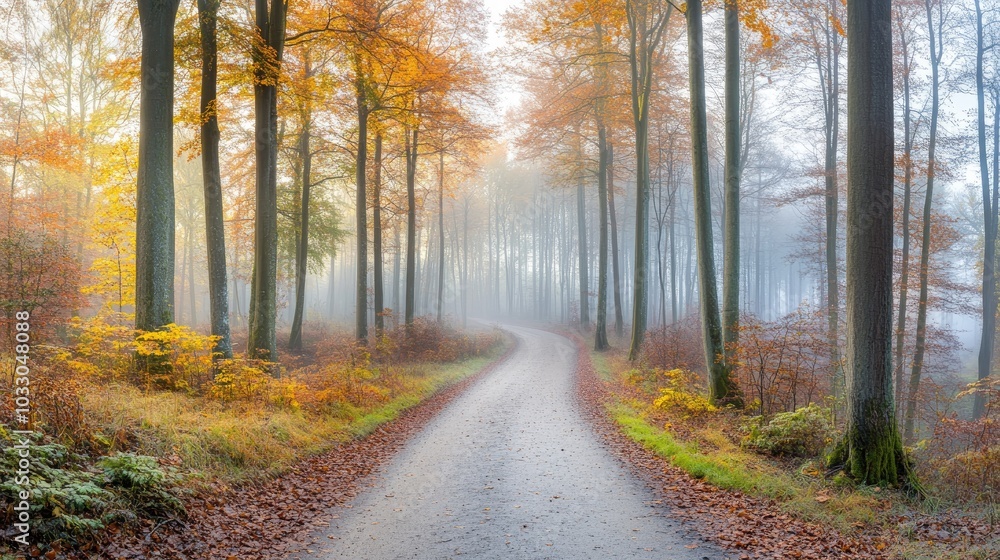 Obraz premium Misty Autumn Pathway Through a Forest Landscape