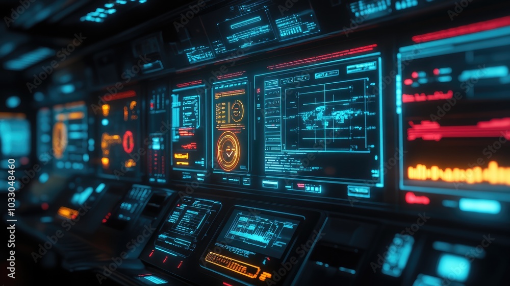 Futuristic Control Center with Neon Displays Futuristic Control Center with Neon Displays