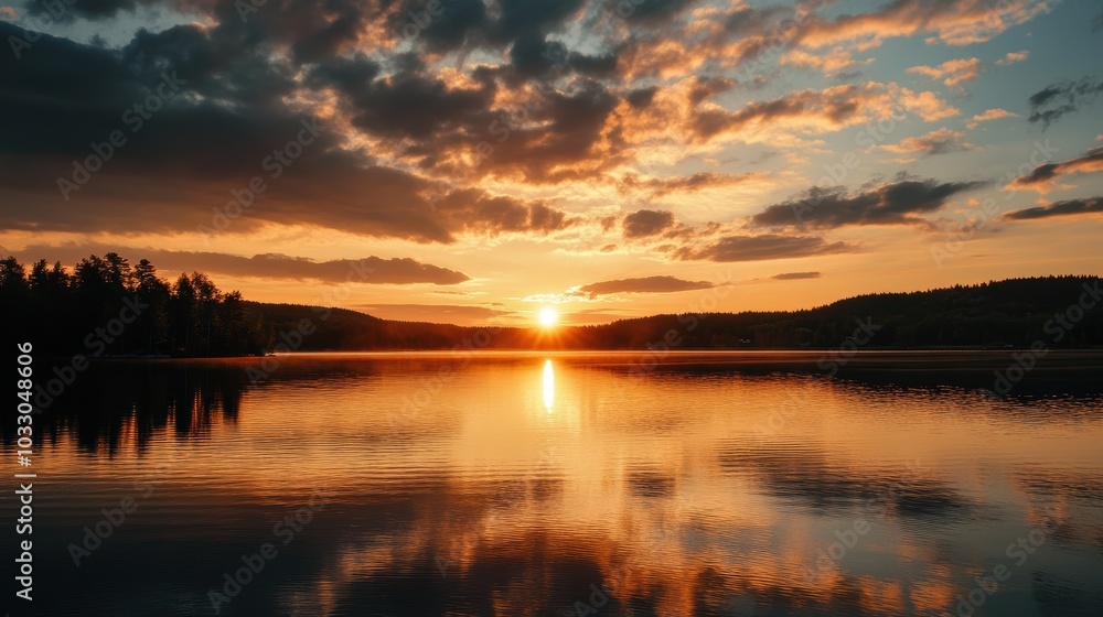 Sunset over still lake, reflecting fiery sky. Sunset over still lake, reflecting fiery sky.