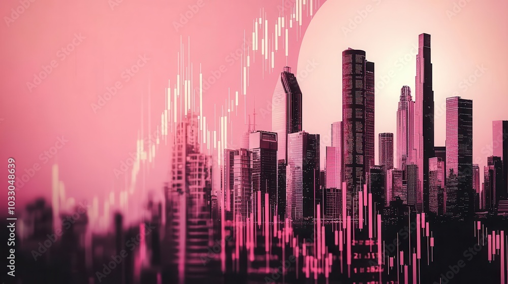 Fototapeta premium Futuristic city skyline with stock market tickers displayed on the buildings, stock trading concept, modern digital style