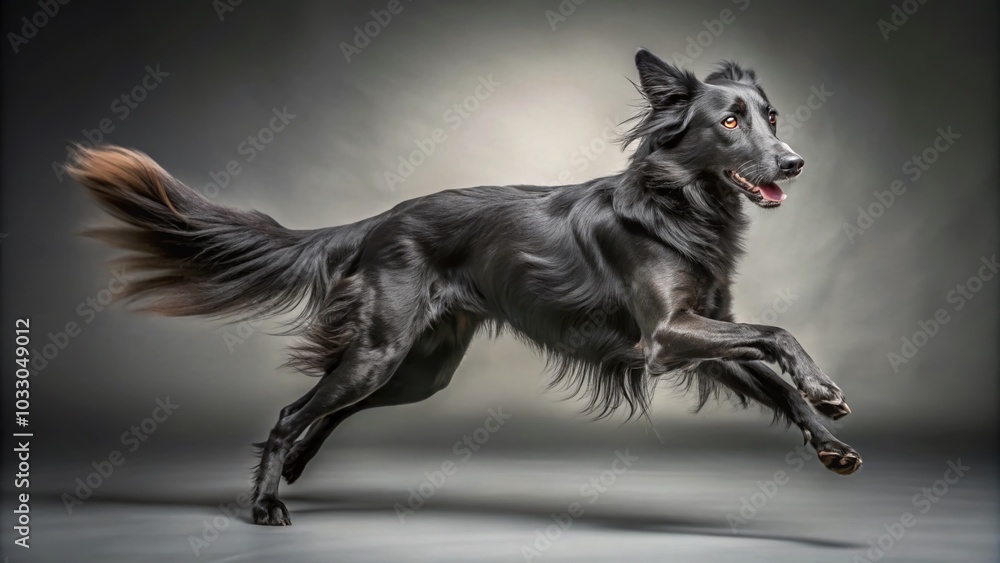 Obraz premium Black Dog Long Exposure Photography on Gray Background with Copy Space for Pet Lovers and Advertisers