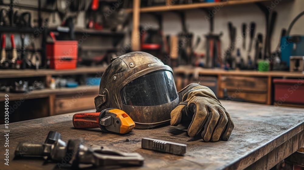 A detailed view of a welding helmet and gloves on a workbench, with tools and metal parts in the background A detailed view of a welding helmet and gloves on a workbench, with tools and metal parts in the background