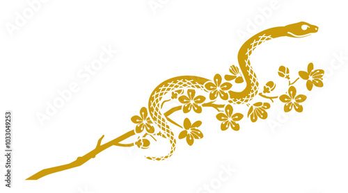 Snake coiling a cherry blossom branch - Year of the snake 2025 clip art