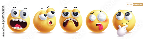 Emoji 3d emoticon characters vector set. Emoticons shock, curious, sad, naughty and cute emojis character collection in white background. Vector illustration yellow emoticons emotion set.
