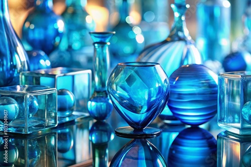Blue Glass Shapes Composition in 3D Rendering - Abstract Design with Copy Space for Creative Projects