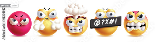 Emoji angry characters vector set. Emojis emoticon characters in mad, bad mood, explode, annoyed, cruel face icon collection in white background. Vector illustration angry emoticons facial expressions