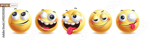 Emoji naughty characters vector set. Emojis 3d emoticon character in happy, winking, rude, silly and insane facial expression collection in white background. Vector illustration naughty yellow