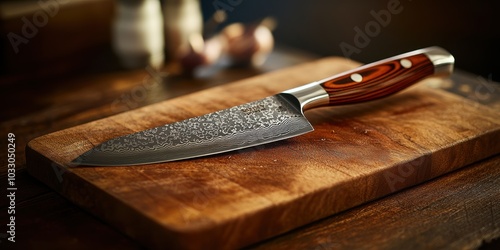 A Damascus steel chef's knife on a wooden cutting board.