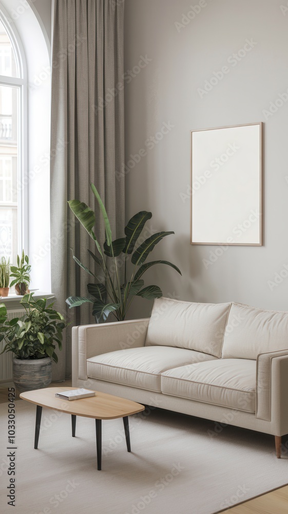 White couch is in a living room with a plant on the table White couch is in a living room with a plant on the table