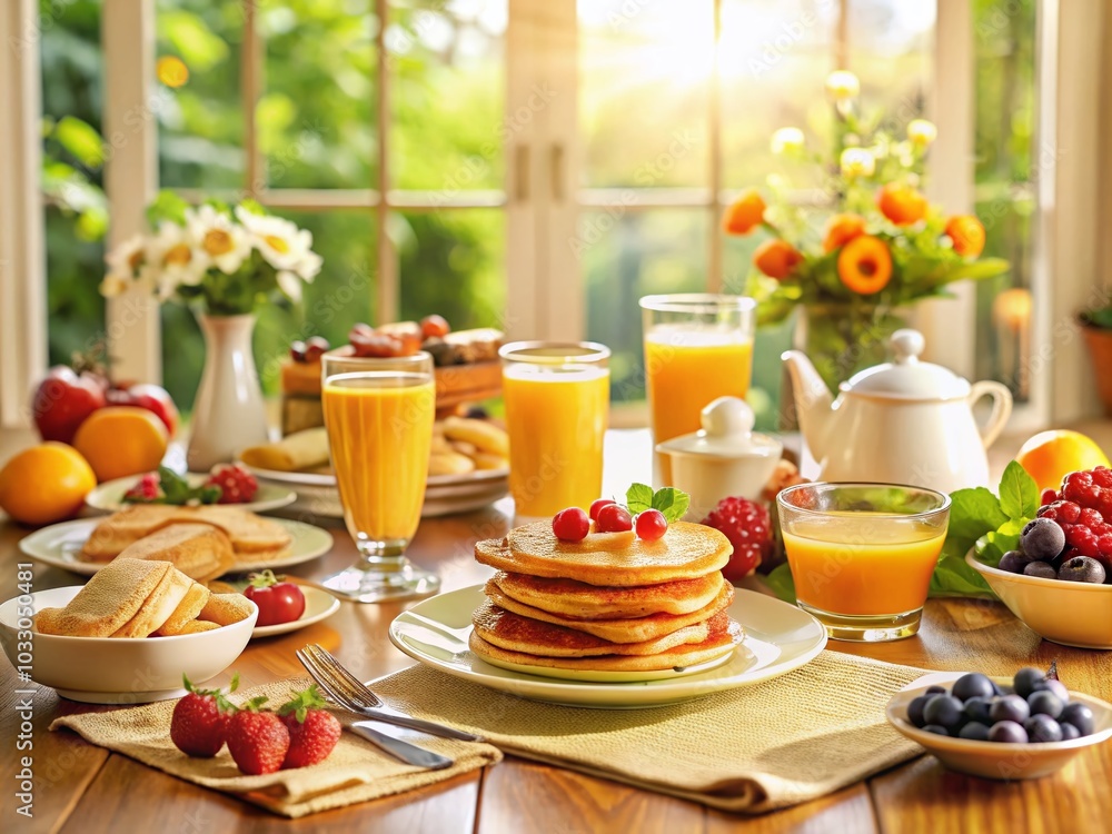 Breakfast Table with Fresh Orange Juice and Delicious Morning Meal Breakfast Table with Fresh Orange Juice and Delicious Morning Meal