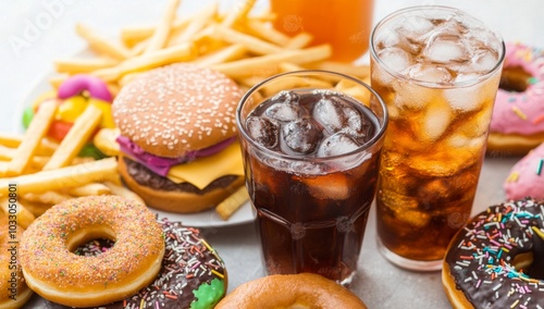 A variety of unhealthy fast food items, including a burger, fries, donuts, and soda, are arranged on a table.