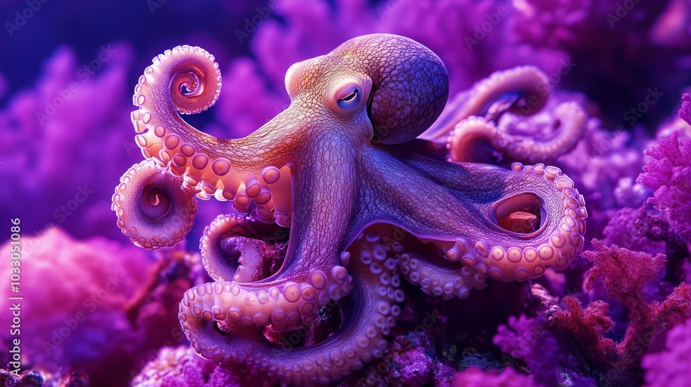 The magnificent octopus perfectly accepts the color of the purple coral reef demonstrating the skill of camouflage. The magnificent octopus perfectly accepts the color of the purple coral reef demonstrating the skill of camouflage.