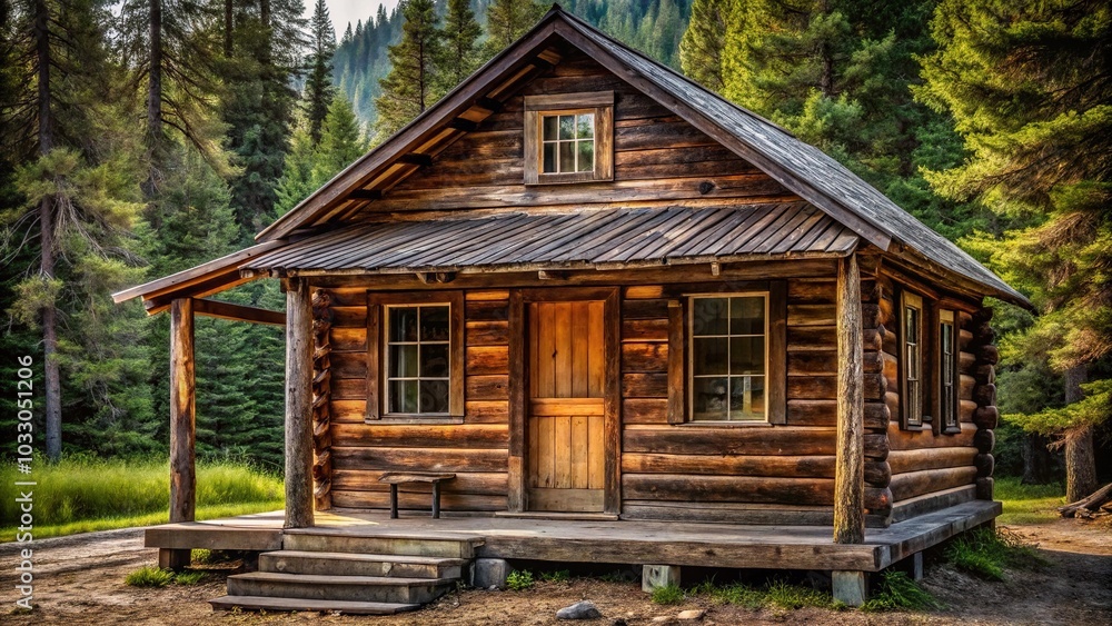 Close-up rustic cabin with porch and large window surrounded by trees in the woods Close-up rustic cabin with porch and large window surrounded by trees in the woods