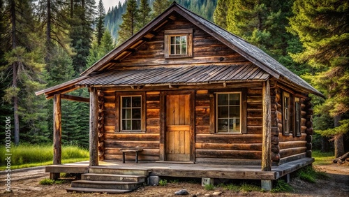 Close-up rustic cabin with porch and large window surrounded by trees in the woods