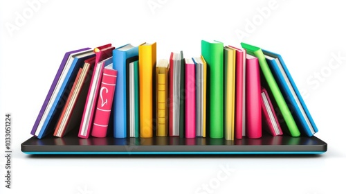 E-book reader with digital textbooks displayed, symbolizing modern educational technology, isolated on white background photo