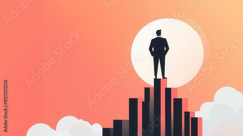 Trader standing on top of a mountain of stock bars, symbolizing stock market success, bright and dynamic finance illustration photo