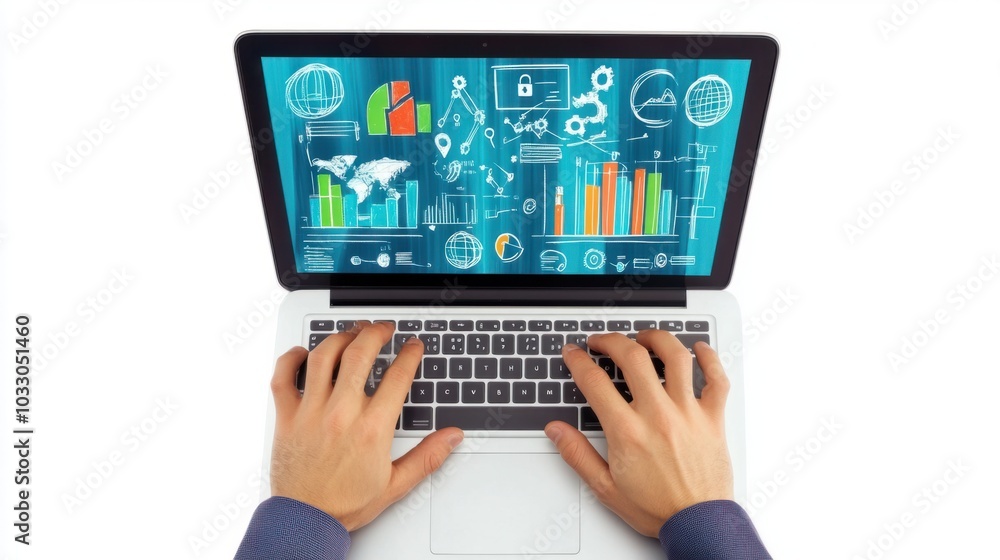 Hands typing on a laptop with educational charts on the screen, symbolizing digital learning, isolated on white background Hands typing on a laptop with educational charts on the screen, symbolizing digital learning, isolated on white background
