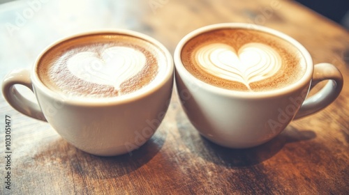 Warm Cups of Coffee with Heart Patterns