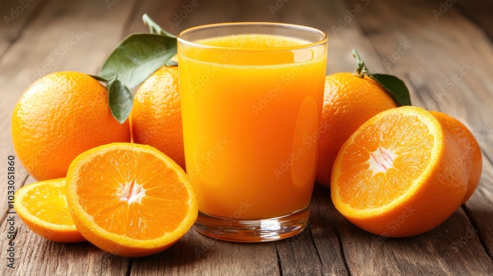 A glass of orange juice with whole and sliced oranges on a wooden table A glass of orange juice with whole and sliced oranges on a wooden table