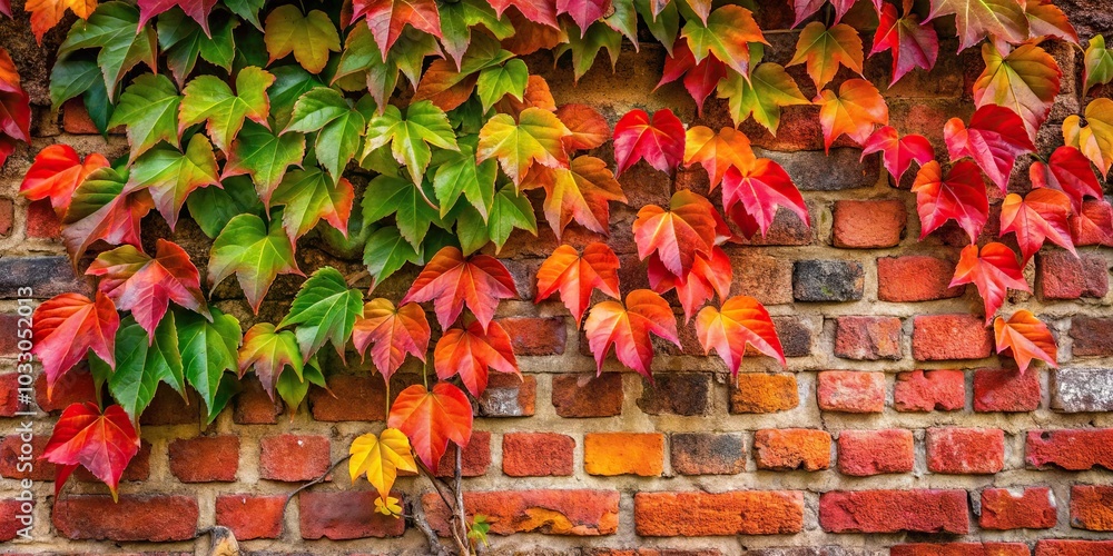 Red and green ivy leaves curving on old brick wall in autumn season Red and green ivy leaves curving on old brick wall in autumn season