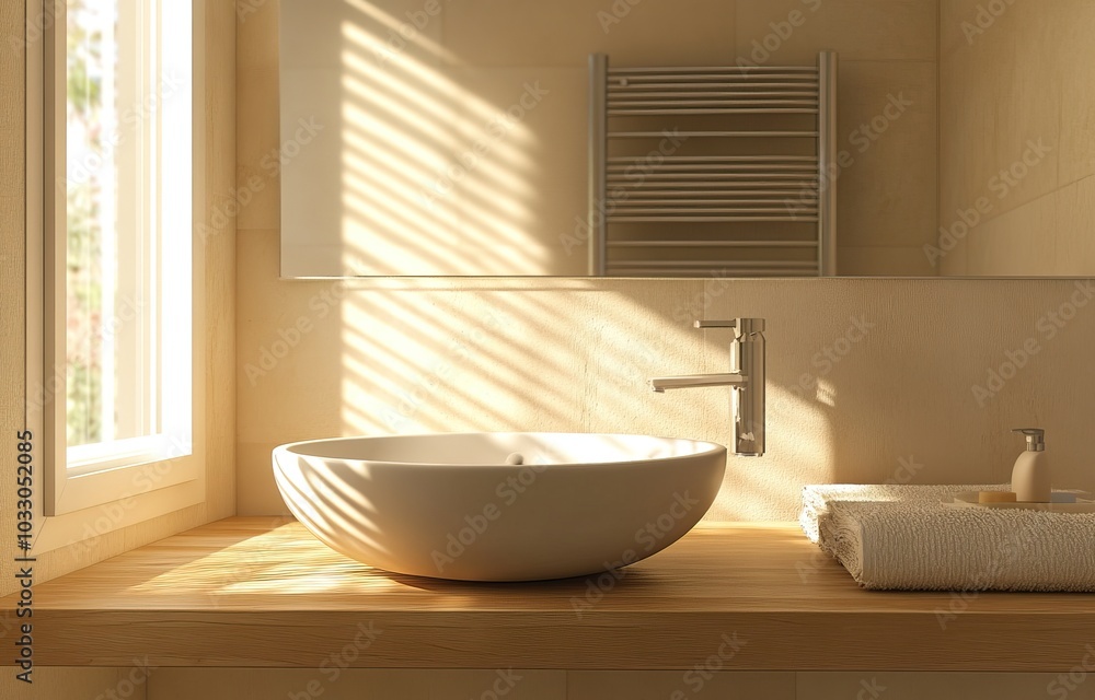 Modern and minimalist bathroom interiors with natural light. AI generated image Modern and minimalist bathroom interiors with natural light. AI generated image