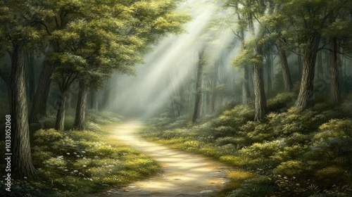 Serene Forest Pathway with Sunlight Rays