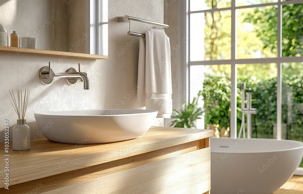 Fototapeta premium Modern and minimalist bathroom interiors with natural light. AI generated image