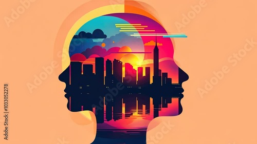 A vibrant and artistic depiction of a city skyline within a human silhouette