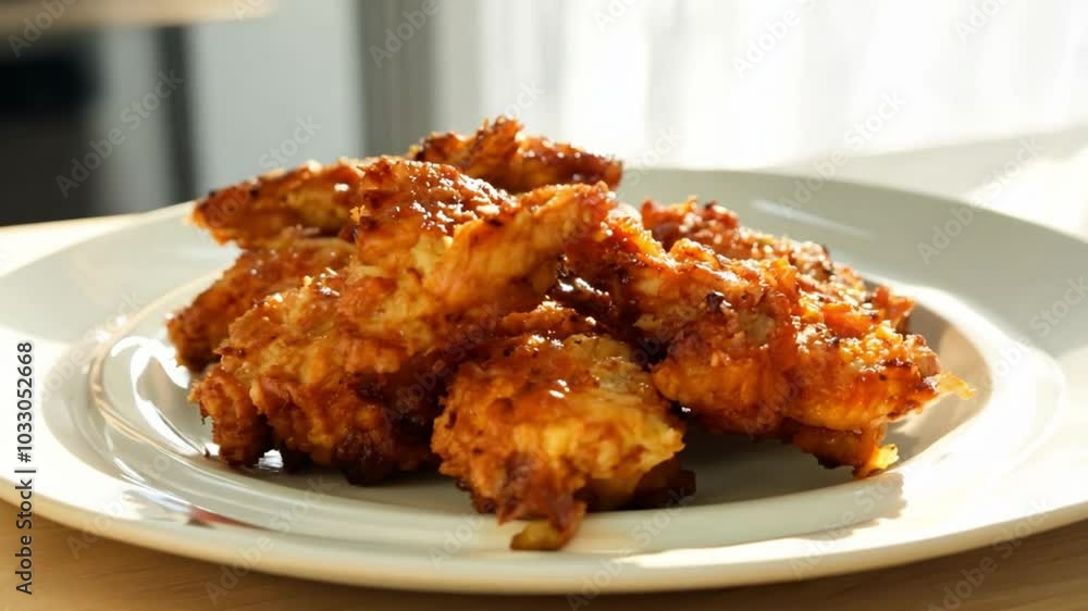 Crispy chicken pieces served on a plate in a kitchen setting with warm lighting and rustic background Crispy chicken pieces served on a plate in a kitchen setting with warm lighting and rustic background