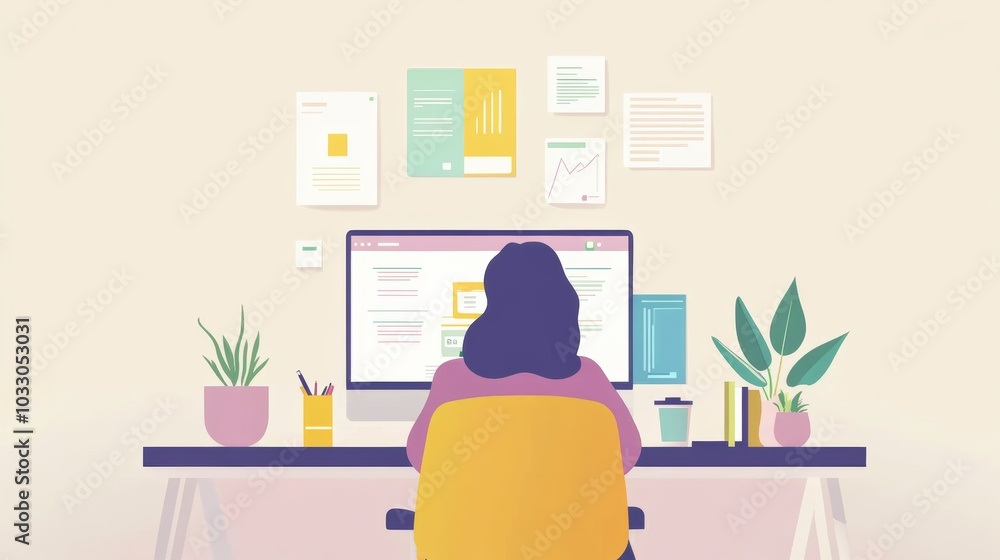 A digital marketing professional working remotely, planning a content strategy with website templates and design ideas displayed A digital marketing professional working remotely, planning a content strategy with website templates and design ideas displayed