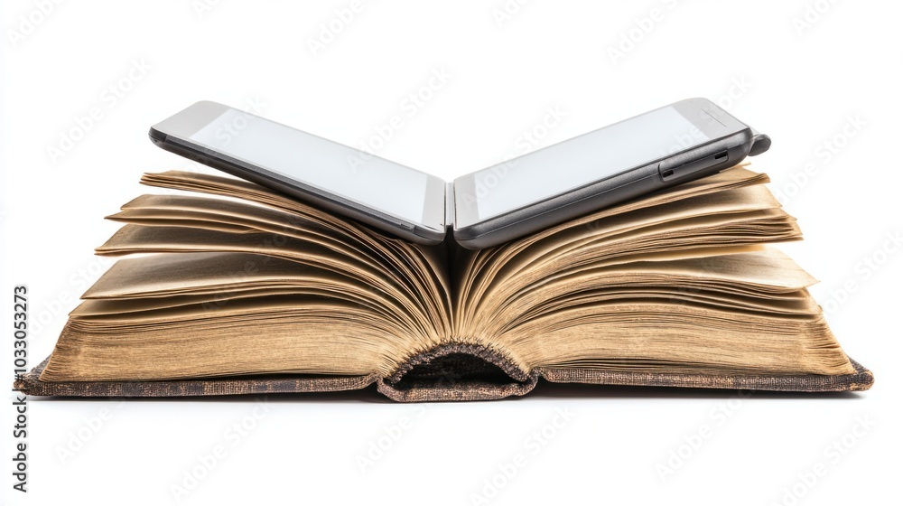 Open book with a tablet on top, symbolizing the integration of traditional and digital learning, isolated on white background Open book with a tablet on top, symbolizing the integration of traditional and digital learning, isolated on white background