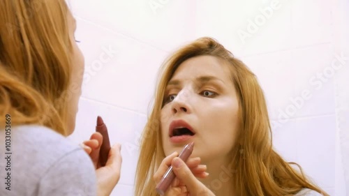 A nice vampire girl paints her lips with a lipstick in front of the mirror photo