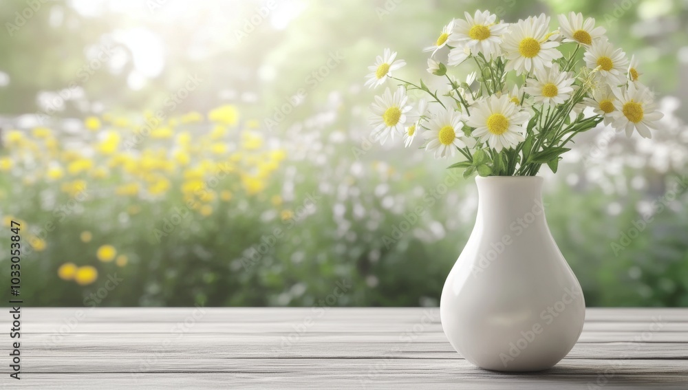 A white vase filled with daisies sits on a wooden table with a blurred background of green grass and yellow flowers. A white vase filled with daisies sits on a wooden table with a blurred background of green grass and yellow flowers.