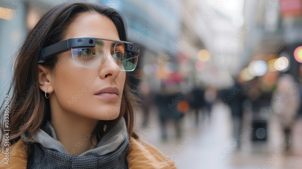 Urban explorer utilizing cutting edge smart glasses for seamless city navigation through augmented reality assistance while discovering metropolitan landmarks during rush hour. Smart eyewear. Urban explorer utilizing cutting edge smart glasses for seamless city navigation through augmented reality assistance while discovering metropolitan landmarks during rush hour. Smart eyewear.