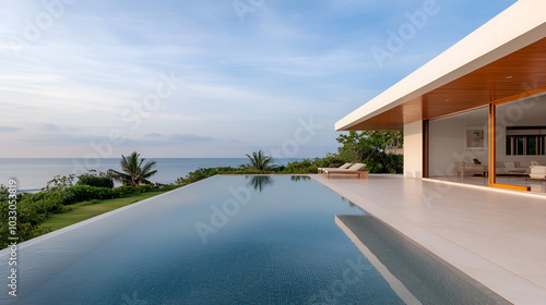 Luxury architecture, ocean front property landscape. Modern minimalist design with infinity pool, sleek contemporary designer furniture, panoramic coastal view background. vacation home or hotel.