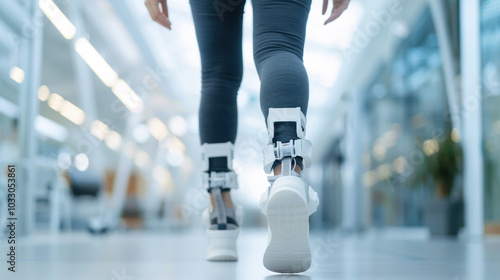 Individual regaining mobility through advanced robotic exoskeleton technology in modern rehabilitation center, showcasing breakthrough achievements in assistive medical innovation photo