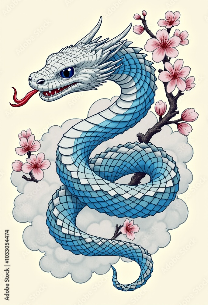 Fototapeta premium Captivating White Snake Artwork: Japanese Style Illustration Featuring Blue Scales, Dark Eyes, Cherry Blossoms, and Elegant Ink Drawing Techniques