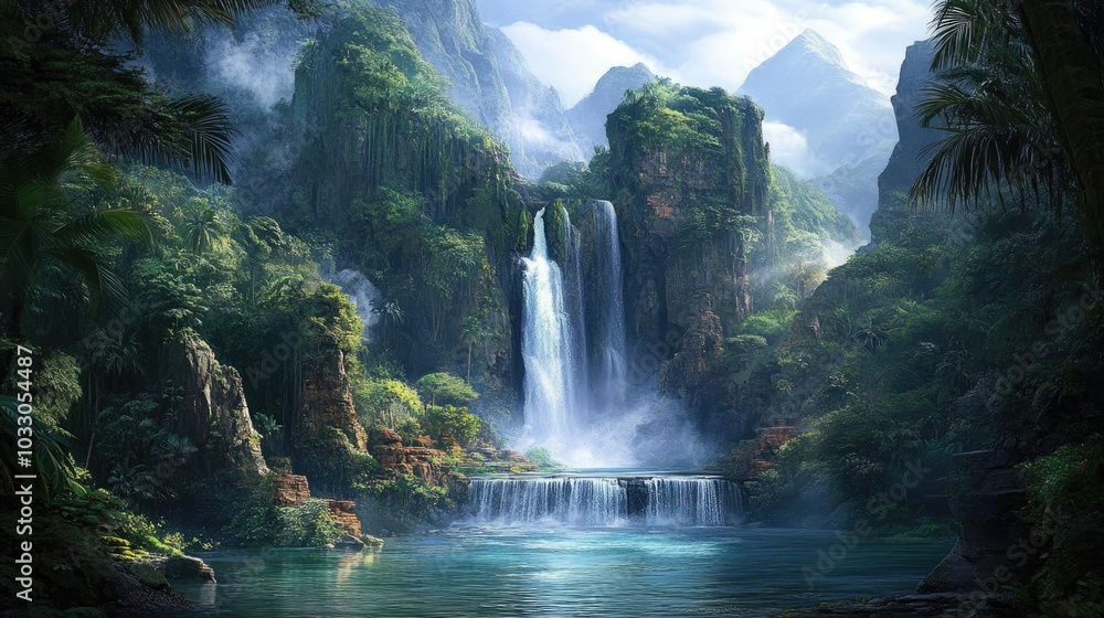Serene Jungle Landscape with Majestic Waterfall Serene Jungle Landscape with Majestic Waterfall