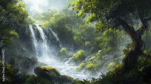 Serene Waterfall in Lush Green Forest Landscape