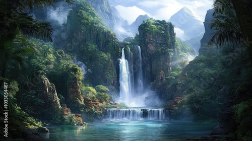 Serene Jungle Landscape with Majestic Waterfall