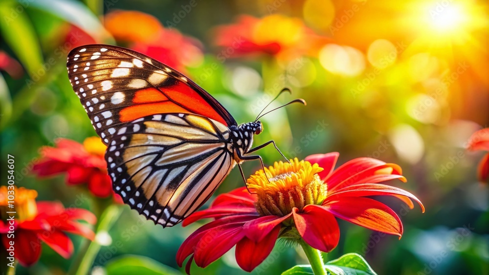 Closeup of Butterfly Pollinating on Vibrant Red Flower in Nature's Beauty Closeup of Butterfly Pollinating on Vibrant Red Flower in Nature's Beauty
