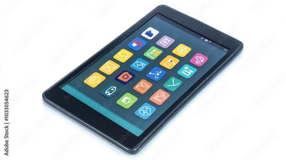 Tablet with educational app icons on the screen, representing modern technology in learning, isolated on white background Tablet with educational app icons on the screen, representing modern technology in learning, isolated on white background