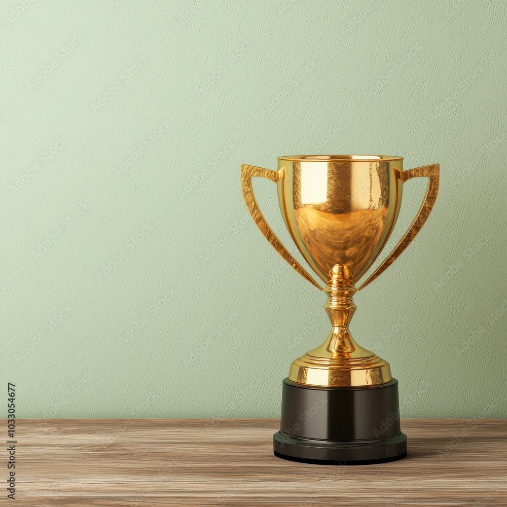 Gold trophy on a wooden table against a light green wall. Gold trophy on a wooden table against a light green wall.