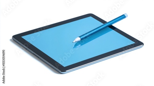 Touchscreen tablet with stylus, symbolizing interactive learning and digital education, isolated on white background