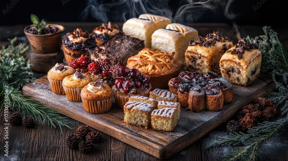 Assorted Baked Goods on Wooden Board with Garnish Assorted Baked Goods on Wooden Board with Garnish