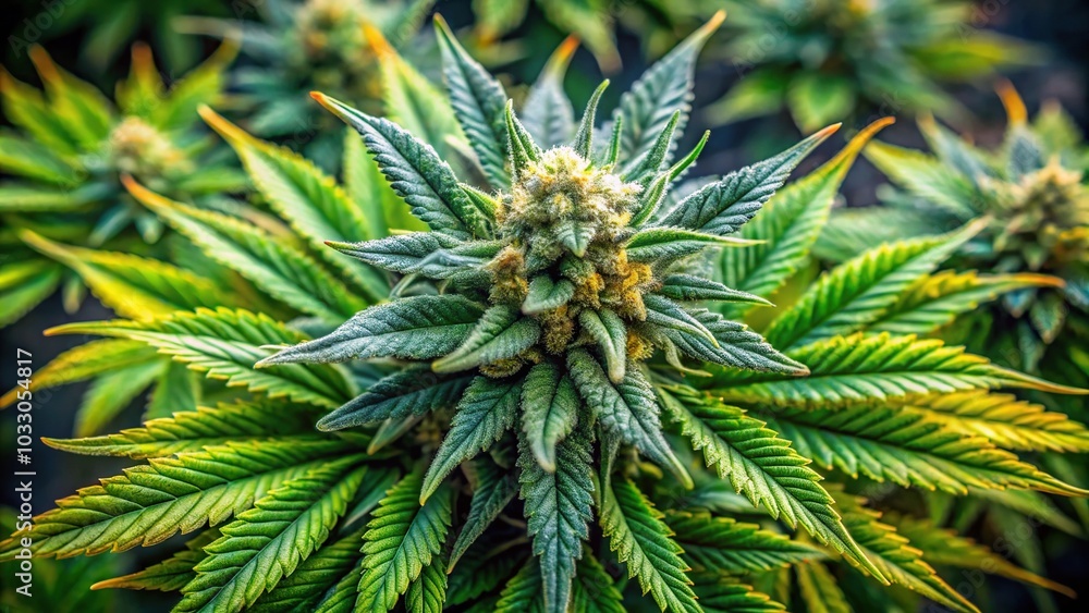 Detailed view of fresh cannabis bud with powerful trichomes, high angle shot Detailed view of fresh cannabis bud with powerful trichomes, high angle shot