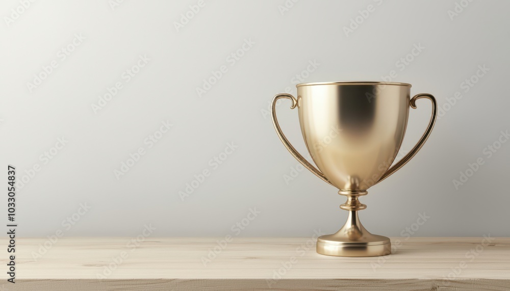 Gold trophy on wooden table with grey background