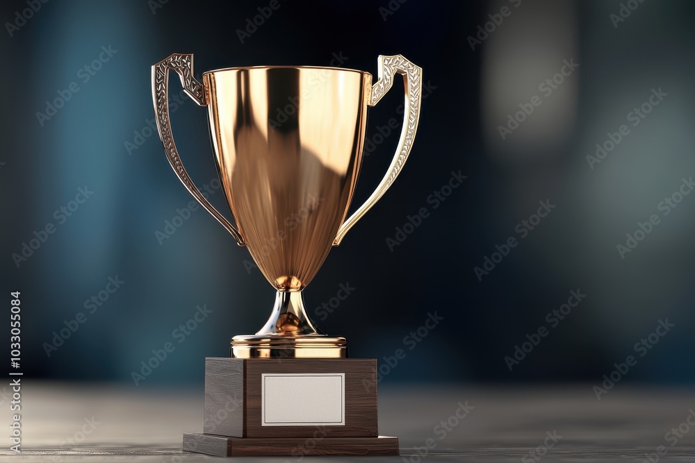 Golden trophy on wooden base, elegant display, soft focus background Golden trophy on wooden base, elegant display, soft focus background