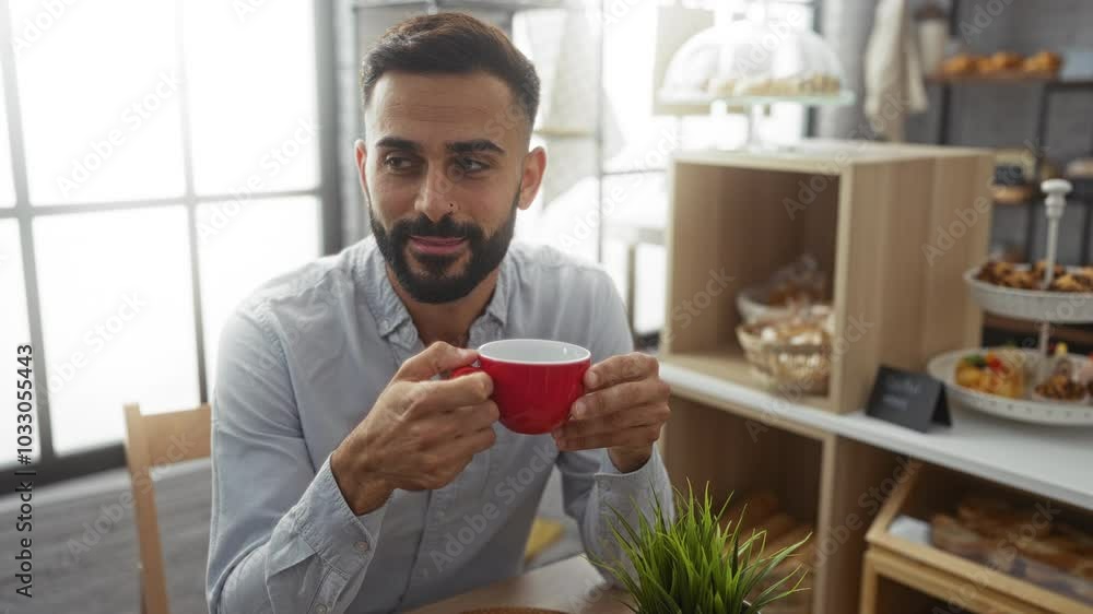 Handsome young man with a beard sitting in a bakery and enjoying a hot beverage from a red cup in a bright indoor cafe Handsome young man with a beard sitting in a bakery and enjoying a hot beverage from a red cup in a bright indoor cafe